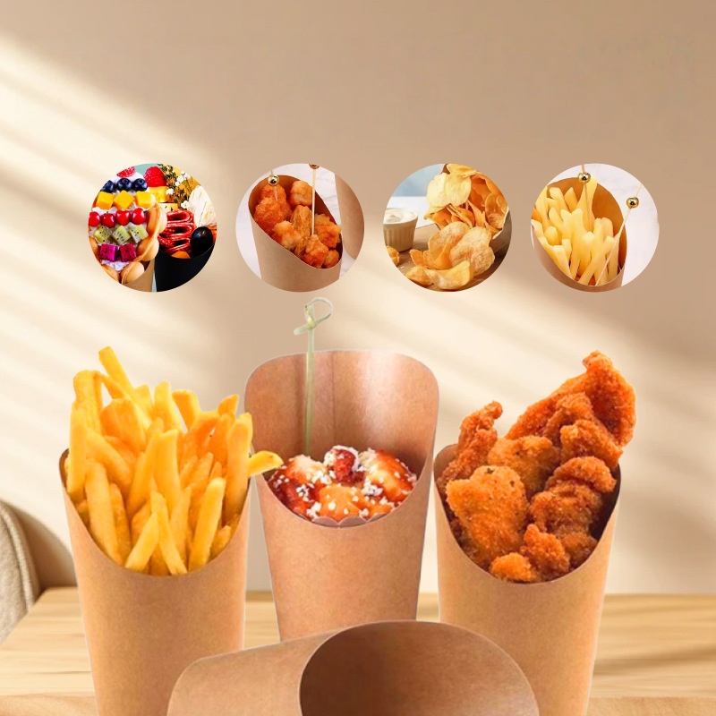 Wholesale Customizable Kraft Brown Disposable Cylinder Paper Cups for French Fries Potato Chips Kebab with Stamping Logo Print