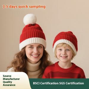 공장 인증 레드 & 화이트 퍼 볼 니트 비니 빠른 사용자 정의 크리스마스 모자 엄마와 아기 공통 패브릭 기능 - Product Image 2