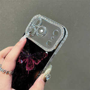 Étui <span class=keywords><strong>de</strong></span> téléphone portable Bling Diamond Butterfly <span class=keywords><strong>pour</strong></span> iPhone 16 15 14 13 Pro Max Plus, objectif d'appareil photo en verre IMD, coque rigide noire brillante en PC - Product Image 5