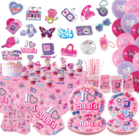 Articles de fête d'anniversaire pour filles et femmes, style années 2000 : Assiettes, gobelets, serviettes, nappes, pailles, décorations de cupcakes, bannières suspendues, guirlandes, ballons