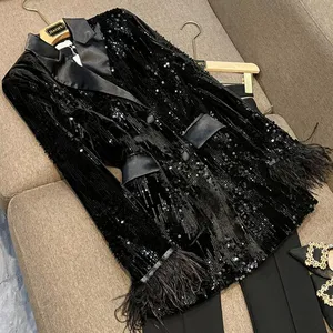 Fine Workmanship All-over Shinny Sequins Designed Lady Streetwear Coat Women Long Sleeve Tassel Cuff Blazer Black