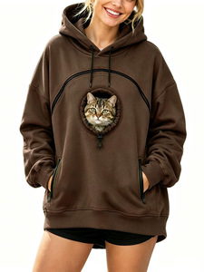 Sudadera con capucha extragrande para mujer con bolsillo frontal para mascotas, estampado de cara de gato, hombros caídos, bolsillos con cremallera, informal, para otoño - Product Image 1