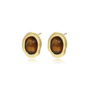 Gorgeous Jewellery Gemstone Tiger Eye's Stone Earrings 925 Sterling Silver 18K Gold Jewelry Stud Earrings For Women