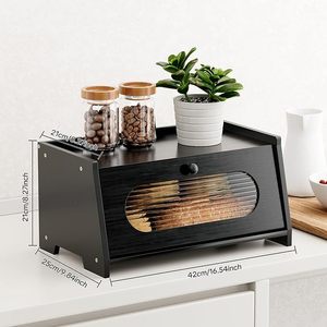 Bread Box Double Layer Black Bamboo With Transparent Window <b>Kitchen</b> Storage Desktop Organizer - Product Image 2
