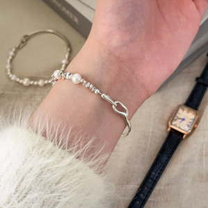 Bracelet demi-bangle en argent Sterling S925 avec perles d'eau douce naturelles pour femmes, bijoux de couleur blanche à porter au quotidien - Product Image 2