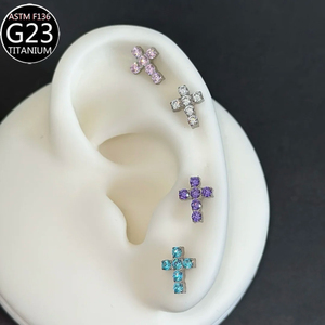 Pendientes de titanio F136 5A con circonita en forma de cruz, aretes de moda para la oreja, anillos de titanio para la <span class=keywords><strong>labio</strong></span>, joyería corporal para mujer - Product Image 4