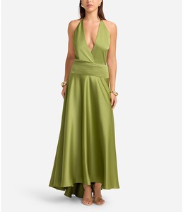 Robe longue formelle en laine à col halter et taille empire, respirante, pour l'été, service OEM - Product Image 1