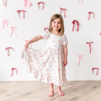 Vêtements personnalisés pour enfants Robe en bambou biologique à motif de fleurs pour filles Robe à manches bouffantes pour enfants