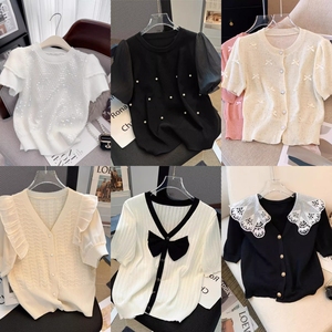 Suéter de punto acanalado con cuello redondo y estampado floral vintage para mujer, blusa informal de verano con manga corta abullonada - Product Image 6