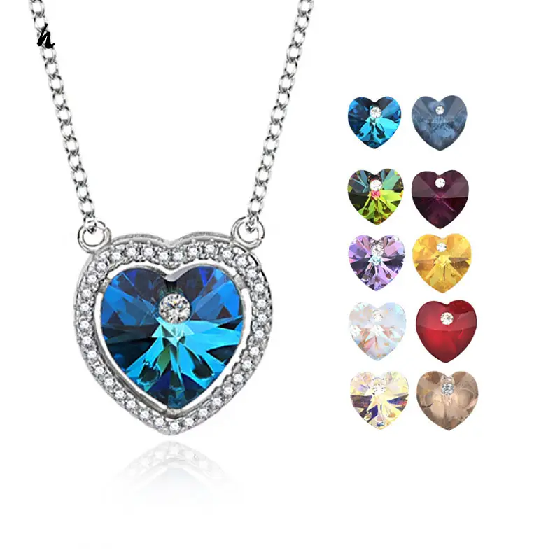 Comlor OEM Austrian Crystal Elements Pendant S925 Sterling Silver Colorful Women Necklace Crystal Heart Pendant Necklace