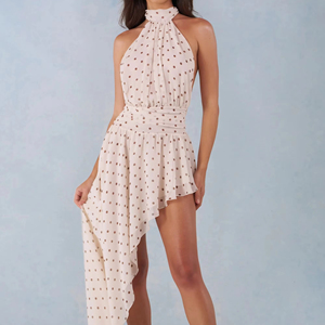 Robe mini élégante pour femme, col halter, dos nu, à pois, en mousseline, ourlet asymétrique, décontractée, sexy, pour soirée d'été - Product Image 1