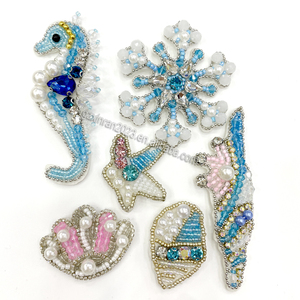 PH096 ручная работа, морская звезда, ракушки, морские коньки, креветки, вышитые бисером, нашивка со стразами, 3D блестящая аппликация для одежды - Product Image 2