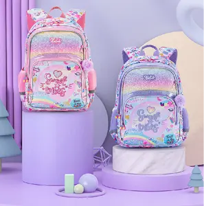 새로운 초등학생 귀여운 무지개 색 배낭 격자 paillette 학교 가방 1-6 학년 소녀를위한 블루 핑크 보라색 가방