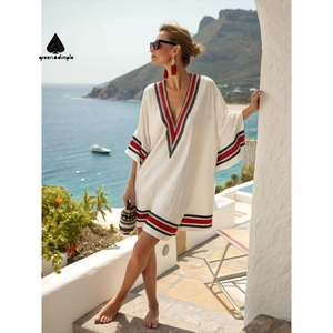 تصميم مخصص للنساء أبيض منقوش برقبة V فستان قصير بأكمام خفاش قصيرة للسيدات جودة قطنية كتان ملابس شاطئ غير رسمية - Product Image 1