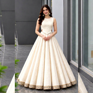 Ensemble Lehenga Choli blanc brodé sans manches, longueur au sol, tenue de mariage indienne - Product Image 1