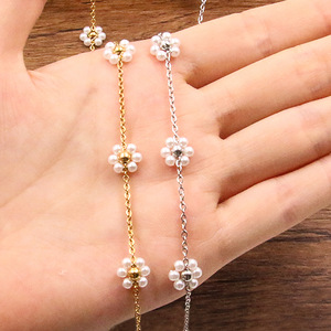 Aceworks Pearl Flower Station Chain by Meter | 18K PVD Gold Plated Stainless Steel <b>Beaded</b> Link Chain Necklace <b>Bracelet</b> <b>Making</b> - Product Image 3