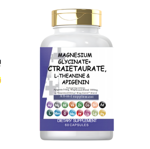 Kapsul Magnesium Glisinat Kompleks dengan <span class=keywords><strong>L</strong></span>-<span class=keywords><strong>Theanine</strong></span> Apigenin Citrate Taurate Semua dalam 1 Suplemen Kapsul - Product Image 1