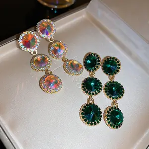 KAITIN anting-anting untuk wanita, anting-anting liontin bulat berlian Vintage, anting geometris panjang logam elegan mewah, Aksesori Perhiasan untuk wanita