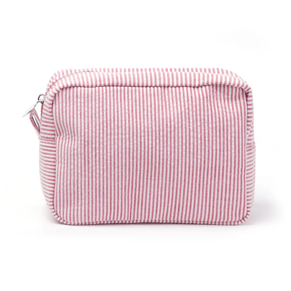 Custom Makeup Bags Travel Zipper Blank Cosmetic Bag Monogrammed Seersucker Striped Beauty Case For Women Toiletry Pouch