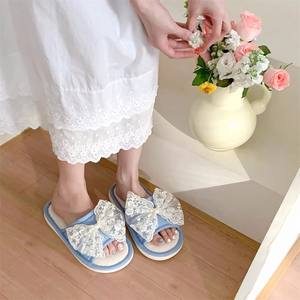 XXT OEM personnalisé respirant coton lin pantoufles doux intérieur maison chaussures antidérapant femmes dentelle arc maison diapositives - Product Image 4