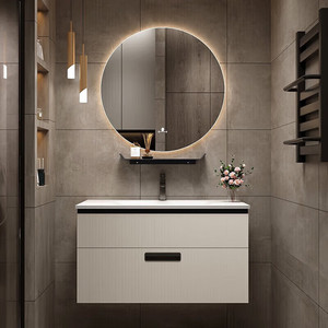 Combinación de mueble de baño sencillo y ligero, mueble de pared de madera maciza, lavabo colgante - Product Image 1