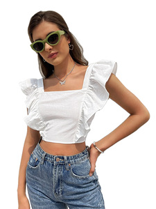 Blus Tanpa Lengan Seksi Elegan Musim Panas Wanita Blus Atasan Dasi Kupu-kupu Kain Renda Putih Terbuka - Product Image 3