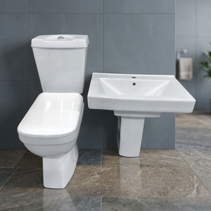 Italian High End Ceramic Sanitary Ware Set Two Piece WC Toilet With Square Half Pedestal Wash Basin - Product Image 2