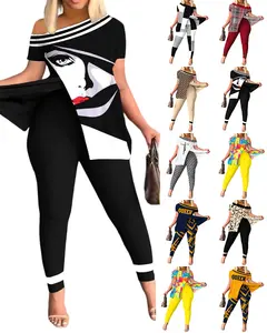 패션 여름 인쇄 플러스 사이즈 여성용 투피스 팬츠 세트 슬릿 탑과 타이트 레깅스 2 종 세트 여성