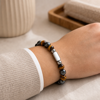 Bracelet en pierre œil de tigre jaune, perles magnétiques de 10 mm, perles carrées en acier inoxydable, lettrage gravé personnalisé, bijoux en gros