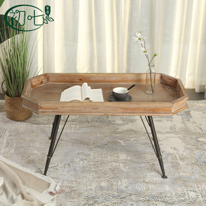 [] Wooden <b>Coffee</b> <b>Table</b> With Metal Legs <b>Rectangle</b> Small Living Room <b>Table</b> For Apartment Balcony Use - Product Image 3