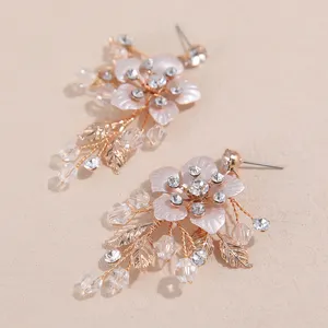 Shiny Metal Flower Earrings Women Vintage Rhinestone Bridal Earrings