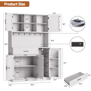 Armoire de rangement pour cuisine avec éclairage LED et prise, buffet de cuisine avec étagère pour micro-ondes et 6 crochets pour salle à manger - Product Image 5