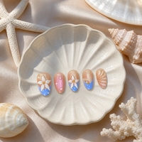 Y23 Kaixin Set Kuku Palsu Pendek Bentuk Almond Dapat Digunakan Kembali, Motif Bunga Biru, Bahan Akrilik