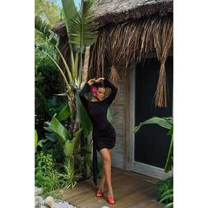 Robe noire à manches longues avec détails roses, technique crochetée, taille empire, volants, en spandex, taille XL, pour les fêtes et clubs au printemps et en automne - Product Image 2