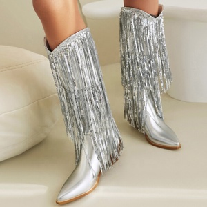 Big Size 48 Women Low Chunky Heels Booties Bling Tassels Cowboy Styles <b>Knee</b> <b>High</b> Boots Paillette Wedges Shoes - Product Image 4