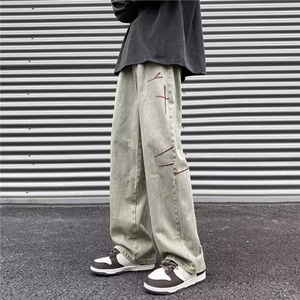 กางเกงยีนส์ผู้ชายสีฟ้าอ่อนทรงตรงเอวกลางผ้าฝ้ายเดนิม - Product Image 6