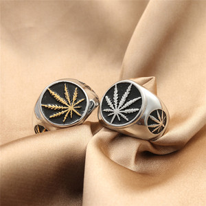 yunnique Men's <b>Titanium</b> Steel <b>Ring</b> With Gold Cannabis Leaf Design Silver And Gold Color Retro Punk Style Jewelry Gift 280679 - Product Image 3