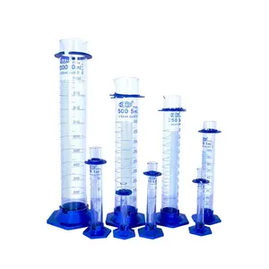 Suministro de fábrica, cilindro de medición de vidrio transparente, cilindro de vidrio graduado con base de plástico azul a la venta