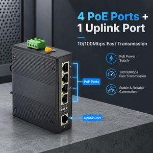 Switch Ethernet PoE industriel non géré 5 ports 10/100 Mbps, double alimentation, large plage de température, en alliage d'aluminium, montage sur rail DIN, IP40 - Product Image 1