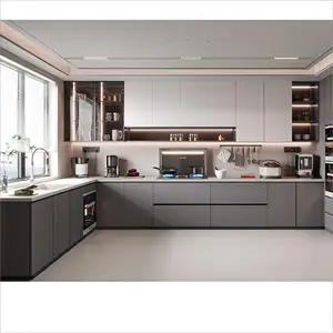 Mueble de cocina de acrílico gris brillante en forma de L armario de cocina moderno precio Modular armarios de cocina de interior moderno