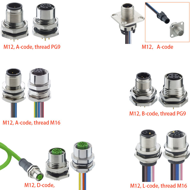M12 Connector Panel a B D L Coding Female 3/4/5/6/8/12 Poles for Front/Rear Mounting IP67 Model 1230 03 TF1CW004 0,5m