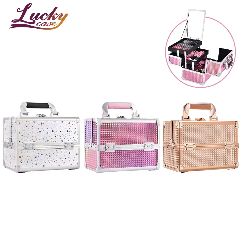 Pink Diamond Beauty Aluminum Makeup Suitcase with Mirror Mini Makeup Box Custom Cosmetic Case