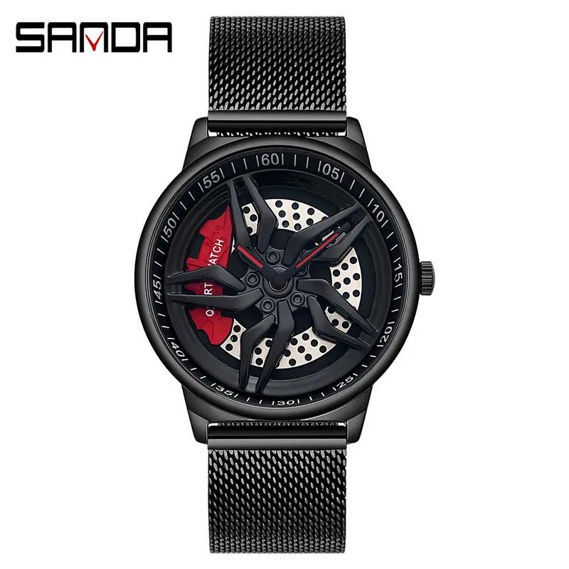 SANDA P1062 new car wheel quartz watches fashion red caliper waterproof black mesh strap personality men rim watch