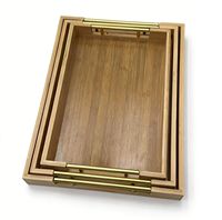 Bambus-Lackiertabletts, einlagig, rechteckig, mit goldenen Metallgriffen, Servierplatten-Set, tragbar, für Zuhause & Wohnzimmer, Deko, Küche