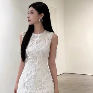 French Style White Sleeveless Patchwork Dress O Neck Natural Waist Daily Casual Long Dress - Product Image 4