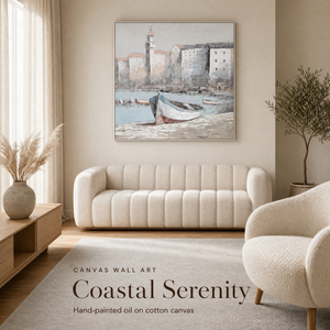 <span class=keywords><strong>Peinture</strong></span> sur toile murale « Port Côtier » avec <span class=keywords><strong>bateau</strong></span>, 100x100cm, style méditerranéen, pour décoration de salon, prête à accrocher - Product Image 1