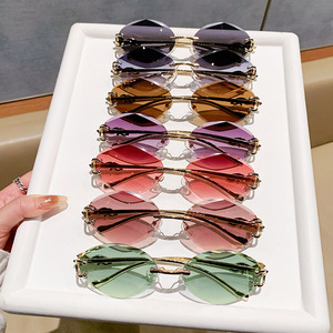 Frameless Oval <b>Sunglasses</b> Metal Frame Gold Color UV400 Protection Unisex Lightweight Style - Product Image 1