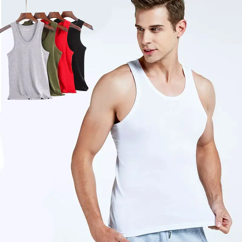 Grosir kaus singlet tali latihan binaraga kebugaran mulus putih katun pria singlet gym tank top rompi untuk pria