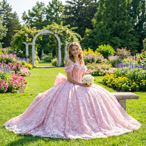 Dy6926 Vestido de Gala de Lujo con Lentejuelas y Cristales, Apliques, Hombros Descubiertos, Cola Capilla, para Fiesta de Quinceañera y Dulces 16 - Product Image 1