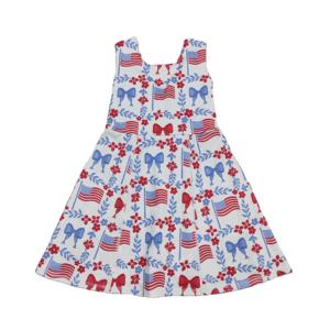 Vestido Deportivo Casual RTS para Niñas Pequeñas, Diseño de Bandera Estadounidense con Flores y Lazos para el 4 de Julio, Corte en A, Sin Mangas, para Tenis, Yoga y Deportes, con Shorts - Product Image 1